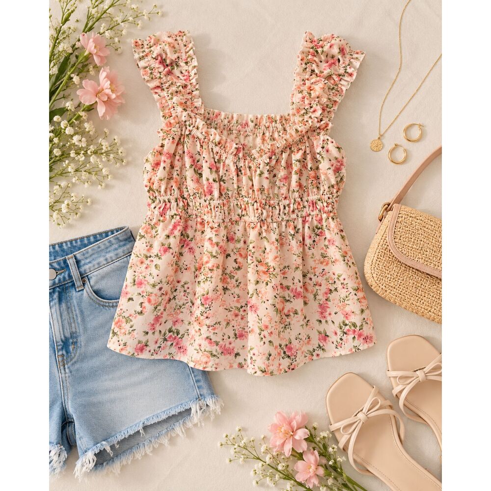 Thirty Thirty LA Floral Ruffle Tank Top Pink Cottagecore Babydoll Smocked